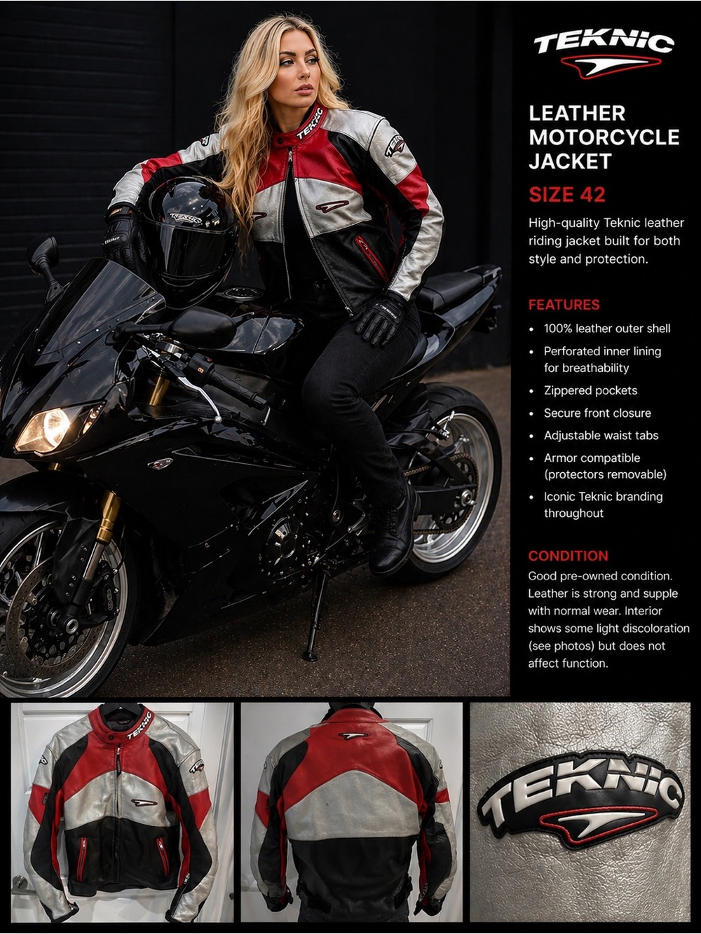 Teknic Unisex Leather Motorcycle Jacket/Red, Black & Silver– Size 42